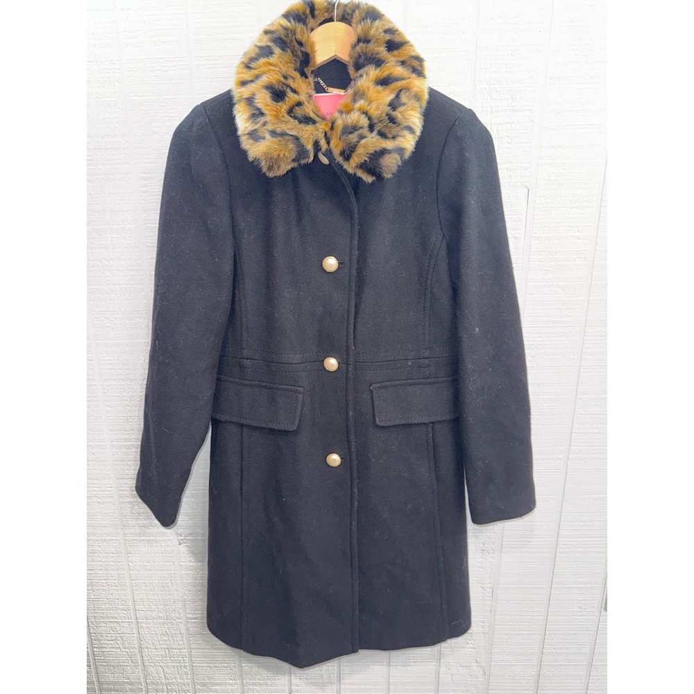 Kate Spade Peacoat Women Black Wool Blend Faux Fur Leopard Collar Small K20722X